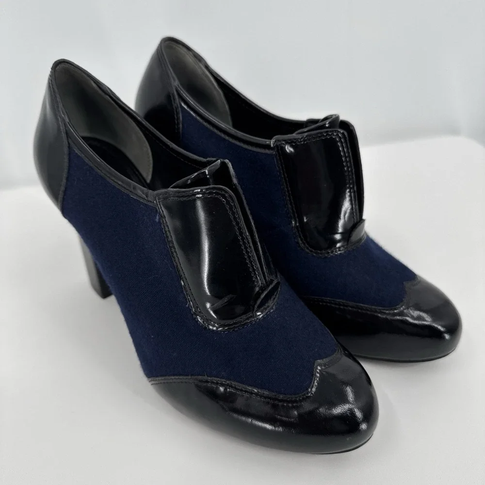 Tory Burch Black‎ Navy Leather Block Heel Ankle Women Bootie Size 6.5 Wingtip